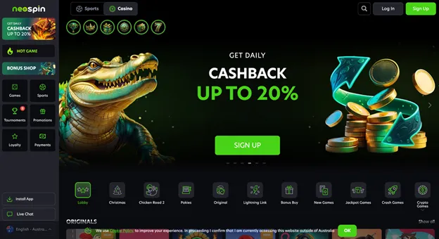 Neospin Casino homepage showing pokies and welcome bonus